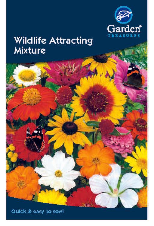 The Wildlife Attracting Mixture seed packet features vibrant, butterfly-friendly flowers with butterflies on the blooms. The Garden Treasures logo is at the top right, and &quot;Quick &amp; easy to sow!&quot; is printed at the bottom.