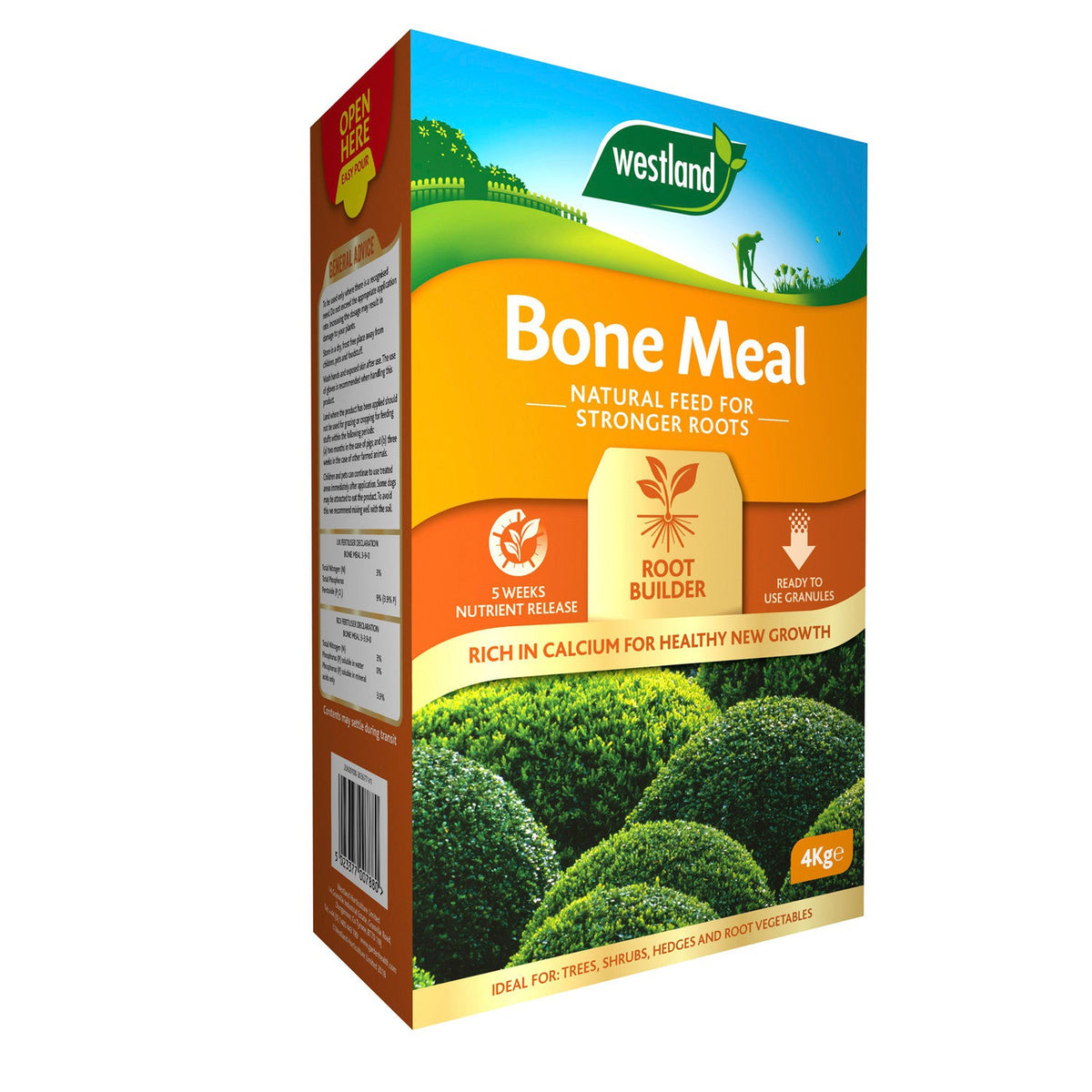 A 4kg box of Bonemeal plant fertilizer, labeled as a root builder, supports strong root growth and is ideal for trees, shrubs, hedges, and root vegetables. The packaging shows green bushes.