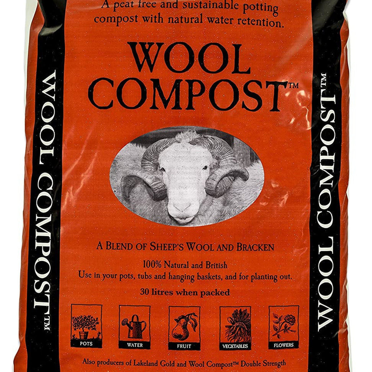 The Peat Free Wool Compost 30L pack, featuring a sheep’s head on the label, is a blend of sheep’s wool and bracken, ideal for pots, tubs, hanging baskets, and planting out—a natural organic compost solution.