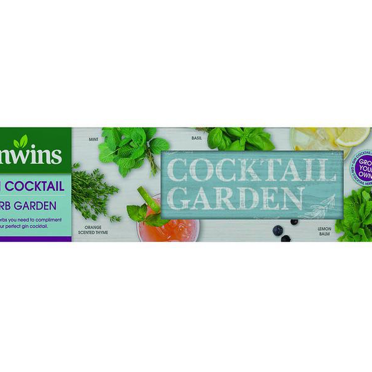 The Gin Cocktail Garden Kit label features herbs like mint, basil, and thyme. It highlights &quot;Grow your own cocktail herbs&quot; with this easy-to-use kit for fresh flavors at home.