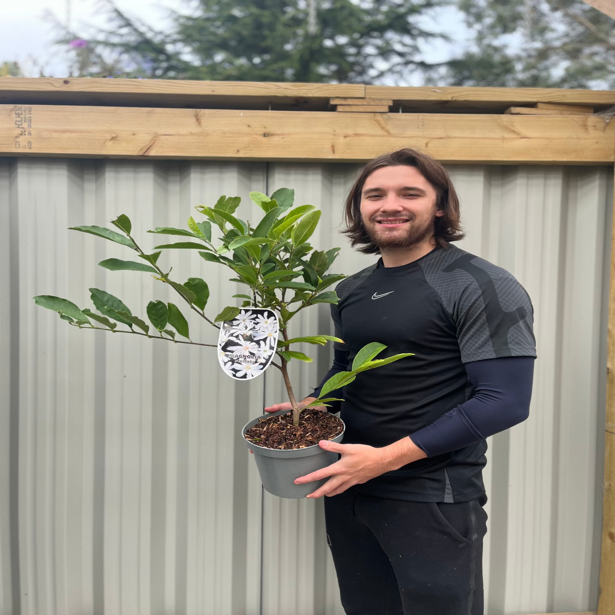 A man with long brown hair and a beard, dressed in black sportswear, smiles outdoors in front of a wooden and metal fence while holding a Magnolia stellata | Star Magnolia 9cm - 5L with green leaves.