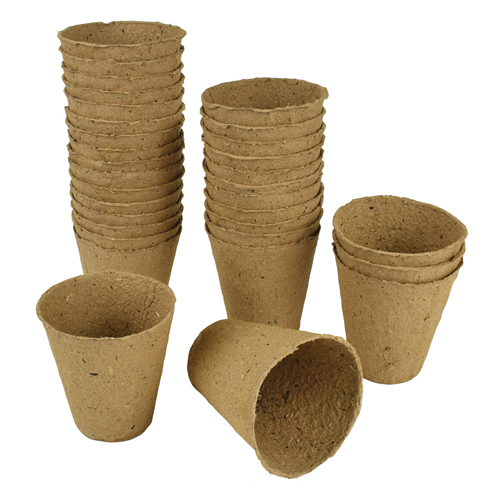 Gro-Sure Round Fibre Pots (6cm) are biodegradable, peat-free brown fibre pots shown stacked and individually on a white background—ideal for growing seedlings.