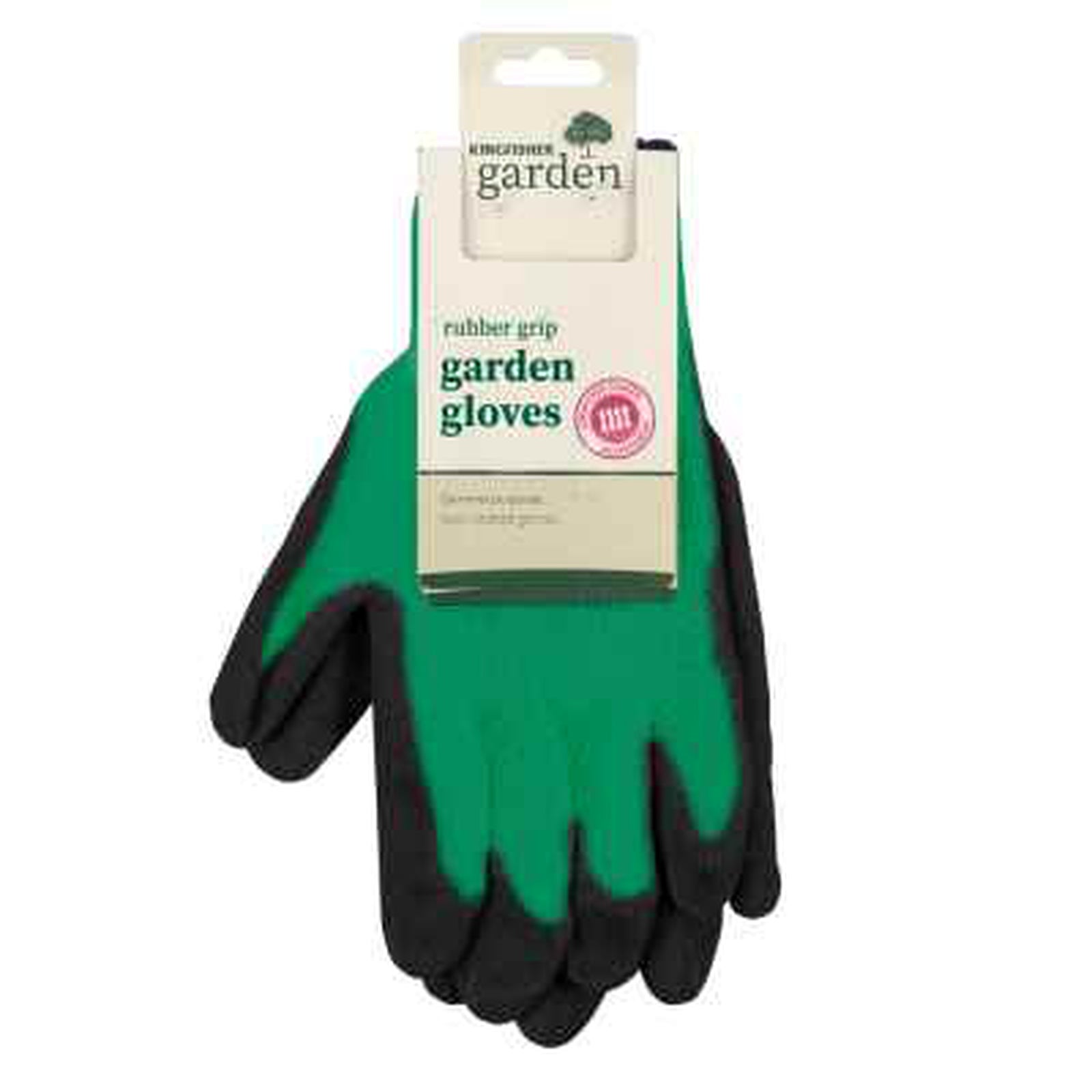 Rubber Grip Garden Gloves in medium size, red and black, feature high-quality rubber grips for excellent hand protection. Attached to Kingfisher Garden cardboard packaging.