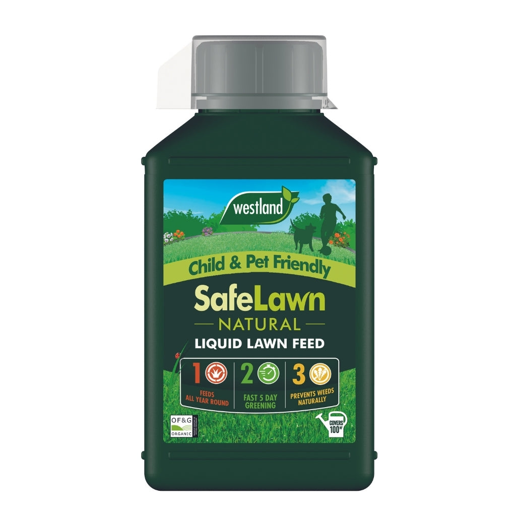 A green bottle of Westland SafeLawn Liquid Lawn Feed, labeled as pet friendly, offers all-year use, fast greening, and weed prevention.