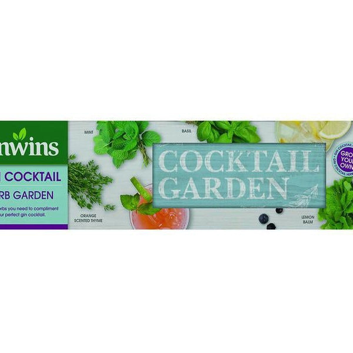 The Gin Cocktail Garden Kit features images of mint, basil, and thyme, a cocktail, and text reading &quot;Cocktail Garden&quot; and &quot;Everything you need to complement your perfect gin cocktail&quot;—ideal for home gardening enthusiasts.