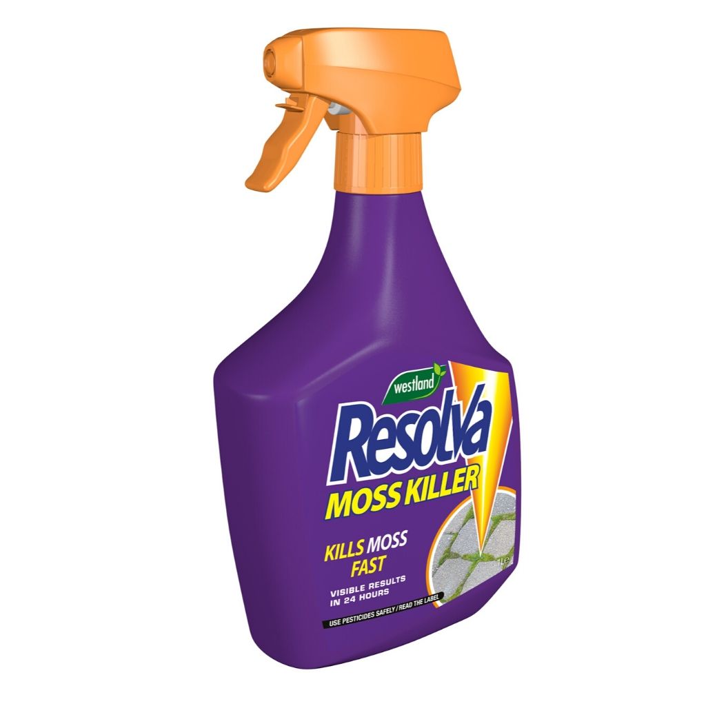 A 1L purple spray bottle of Resolva Moss Killer Ready To Use with an orange trigger, bold yellow and white text, and a label showing block paving cleared by this effective moss and algae killer.