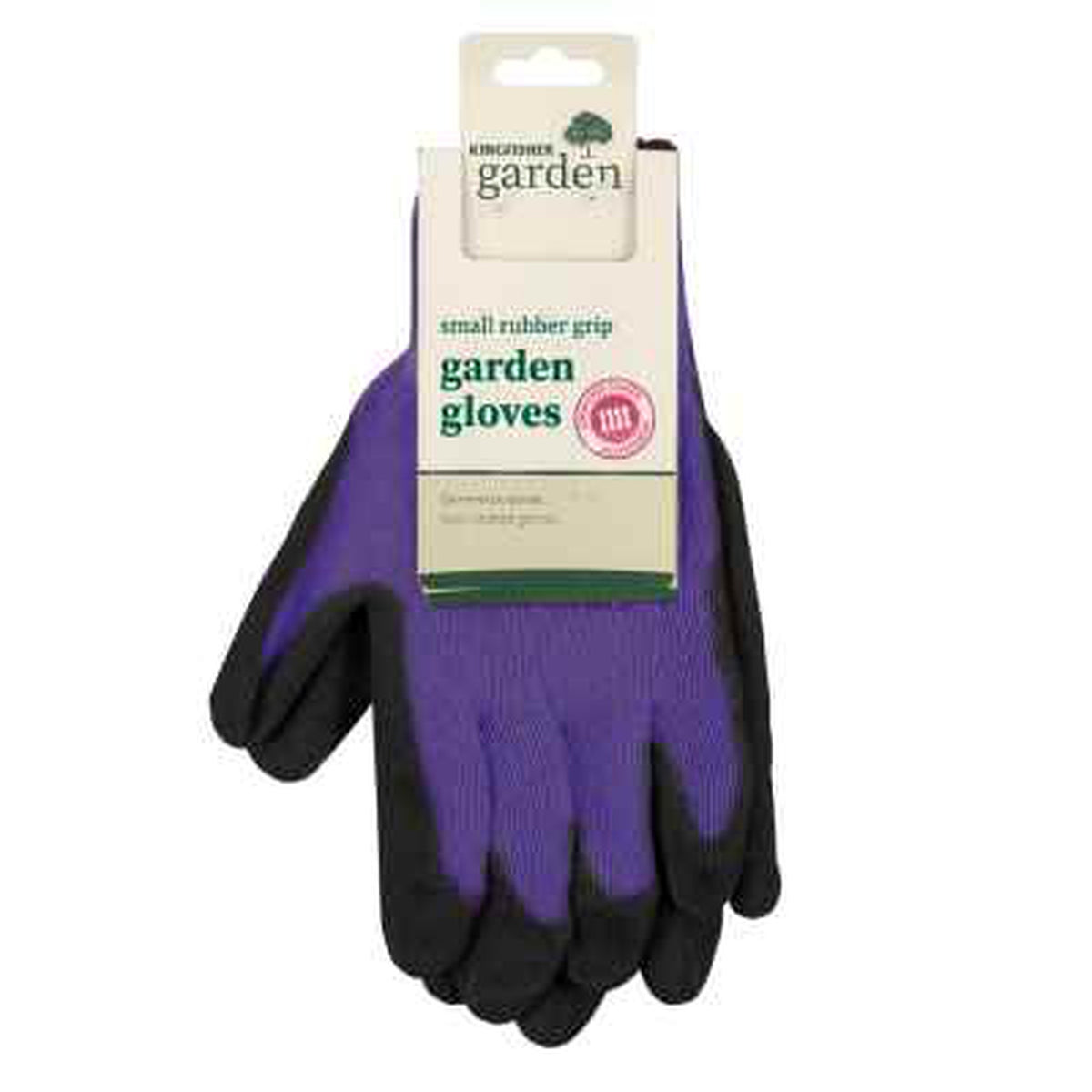 Rubber Grip Garden Gloves in purple and black offer superior hand protection with high quality rubber. Packaged with a Kingham Garden label and a green and white tag.