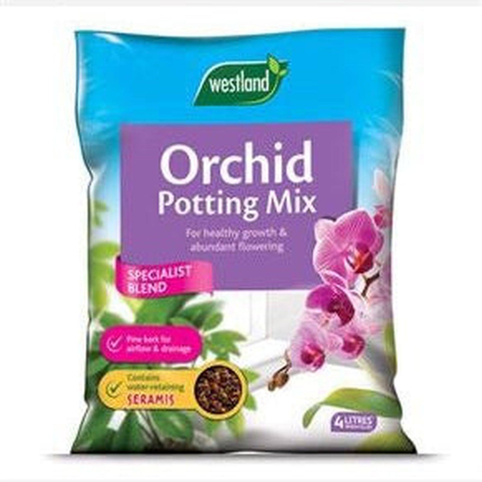 A 4L bag of Orchid Compost, featuring specialist blend with water-retaining Seramis clay granules and pine bark for healthy growth and abundant flowering of orchids.