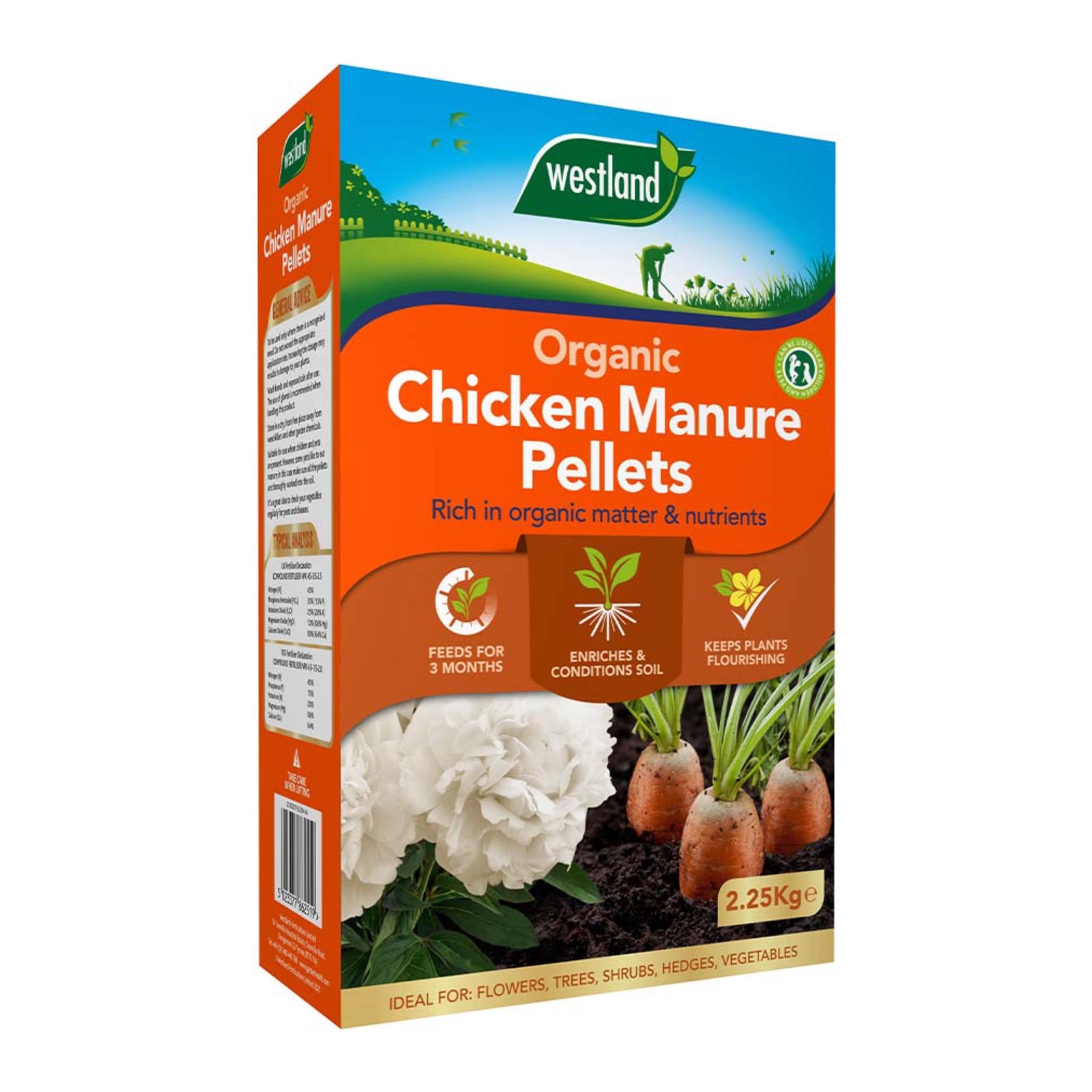 Box of Organic Chicken Manure Pellets - 2.8kg, a non-chemical fertiliser for flowers and vegetables. Feeds for 3 months, enriches soil, and helps plants thrive.