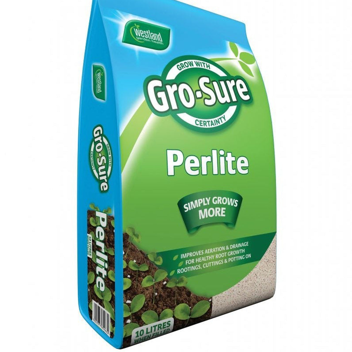 Perlite 10L comes in a green and blue bag featuring young plants in soil. The packaging highlights improved aeration and drainage, making it ideal for healthy root growth and rooting cuttings.
