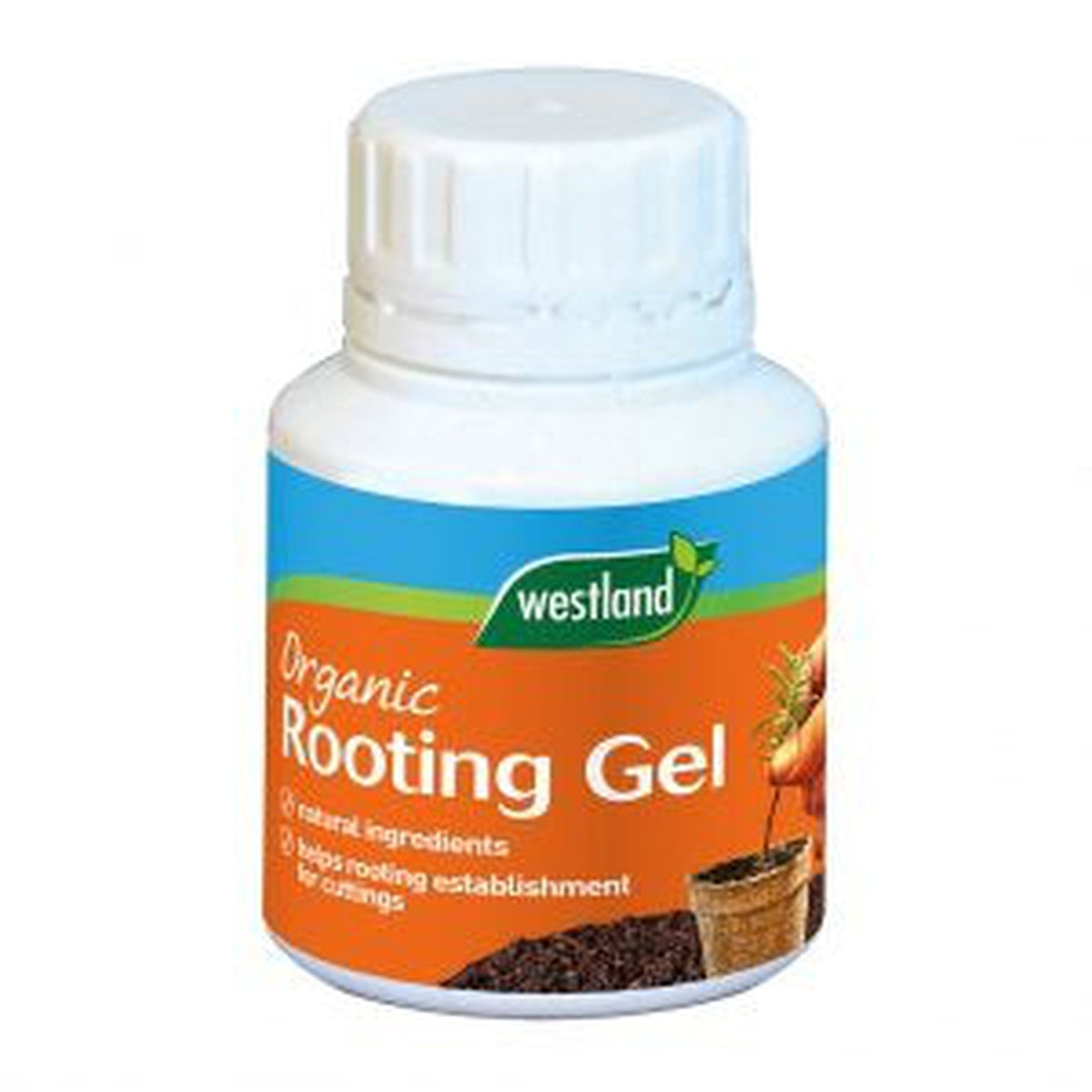 A white plastic bottle of Organic Rooting Gel with an orange and blue label shows a hand holding a plant cutting and small pots—perfect natural rooting gel for cuttings.