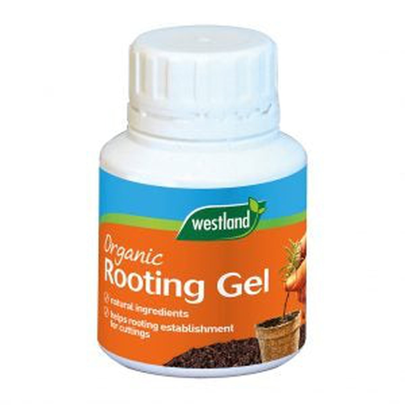 A white plastic bottle of Organic Rooting Gel with an orange and blue label shows a hand holding a plant cutting and small pots—perfect natural rooting gel for cuttings.