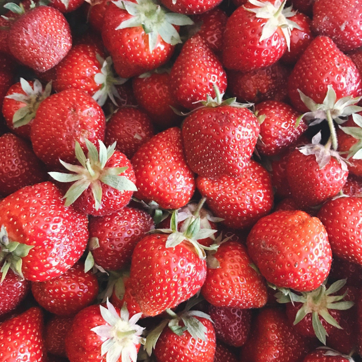 A close-up of fresh, ripe strawberries with green tops showing their vibrant red hue and texture—perfect for growing in the Plant Your Own - Strawberry Basket/Container.