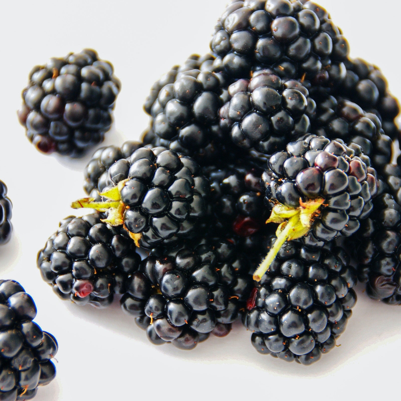 A close-up of ripe 'Black Satin' Blackberries (50cm) piled on a white surface, some with green stems. The thornless, shiny fruit displays their fresh, juicy appeal.