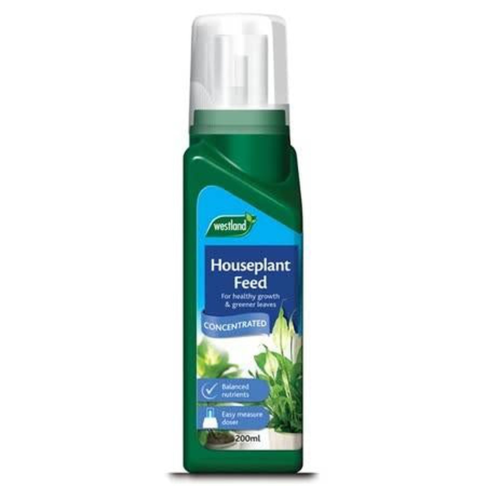A green plastic bottle of Houseplant Feed Concentrate 200ml with a clear cap, labeled Concentrated and featuring green leaves imagery, provides nutrients to promote healthy plant growth.