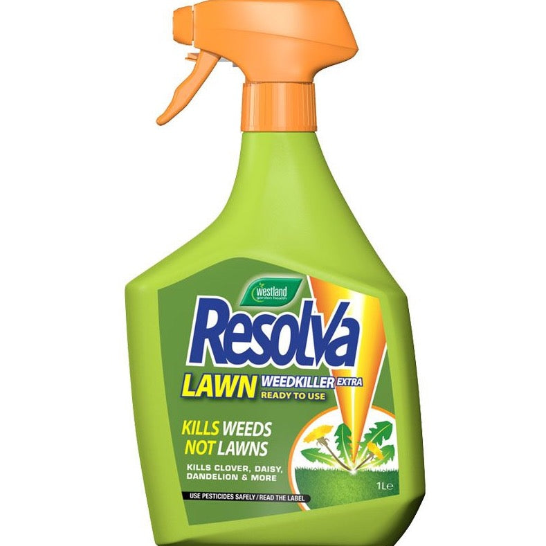 A green and yellow 1L spray bottle of Resolva Lawn WeedKiller Ready to Use, labeled “Kills Weeds Not Lawns,” features images of clover, daisy, dandelion, and grass—an effective weed killer for lawns.