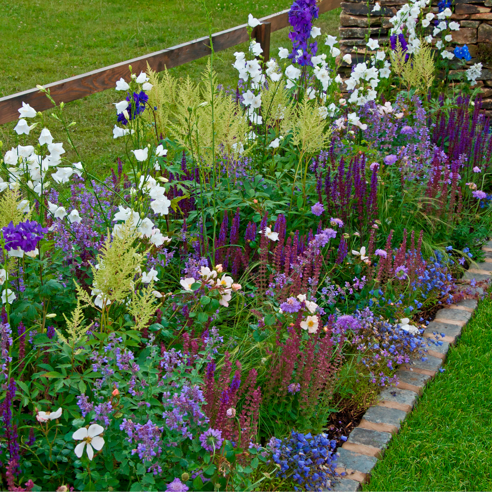 The Cottage Garden Ready-made Border includes cottage garden plants and herbaceous perennials in purple, white, and pink with green foliage, perfect for planting beside fences or walls next to a tidy lawn.